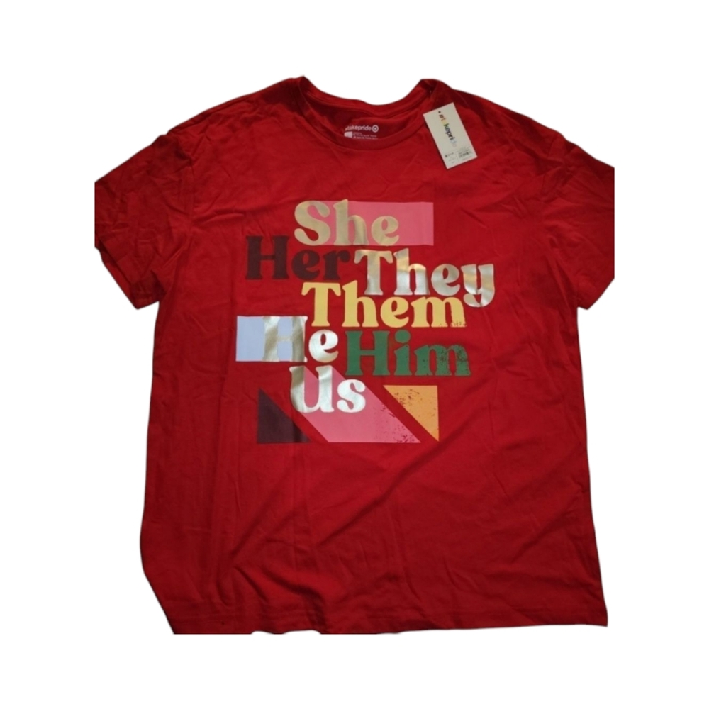 NWT Pronouns Short Sleeve Crewneck Red T-Shirt- LGBTQIA + Pride Collection